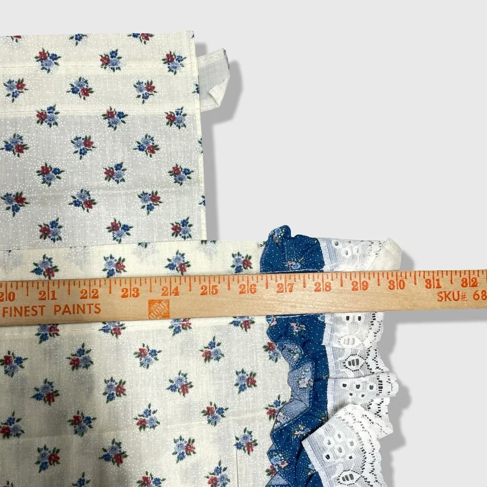 Unbranded Vintage‎ Kitchen Curtains OS White Blue Floral Cottagecore Eyelet Trim